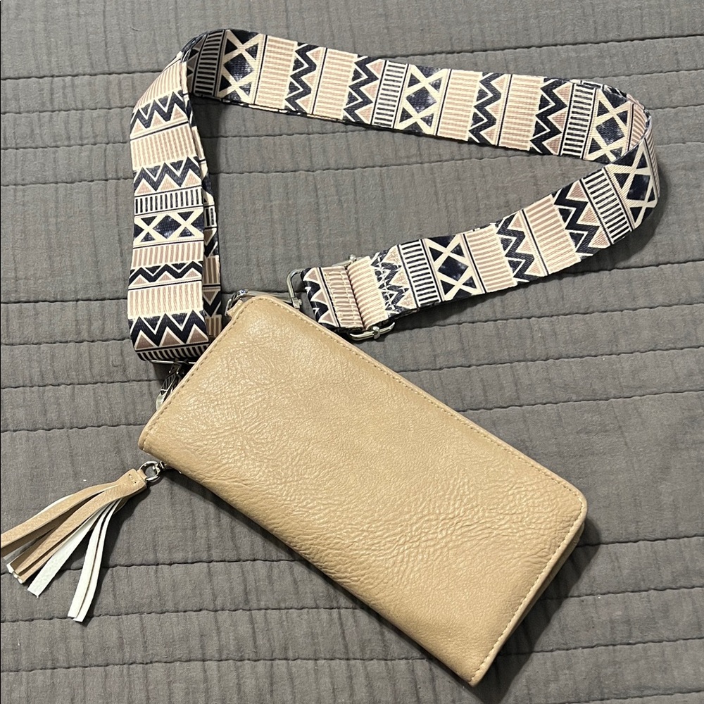 Stylish Tan Crossbody Bag with Patterned Strap